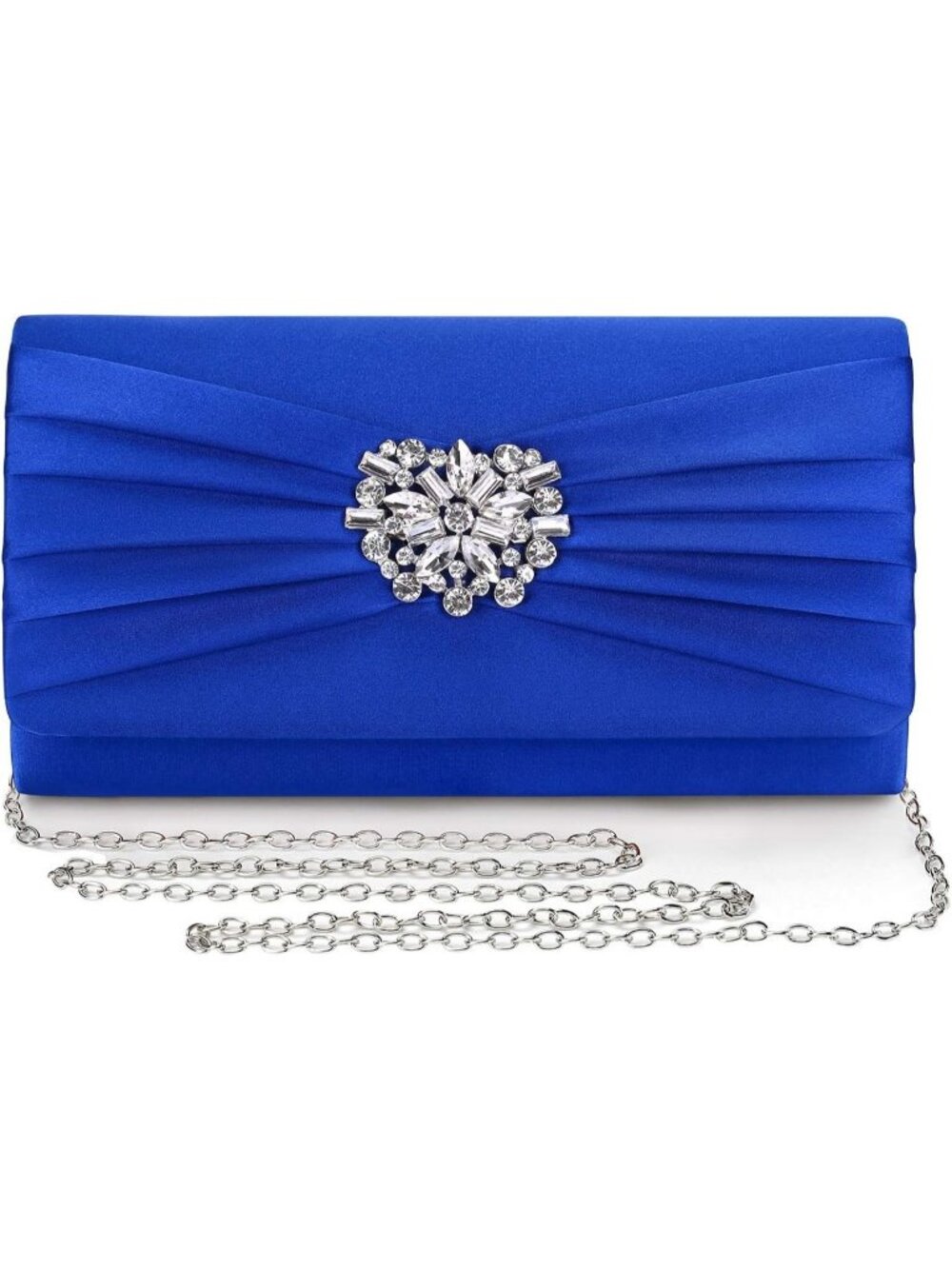 Women's Blue Satin Rhinestone Clutch Prom Detachable Chain Evening Bag